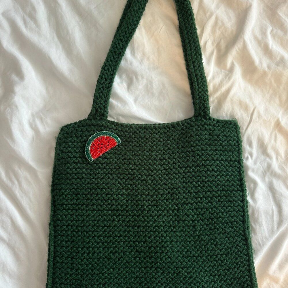 Handmade Knit Green Tote Bag Beaded Watermelon Crochet Shoulder Bag Cottagecore - Picture 2 of 7